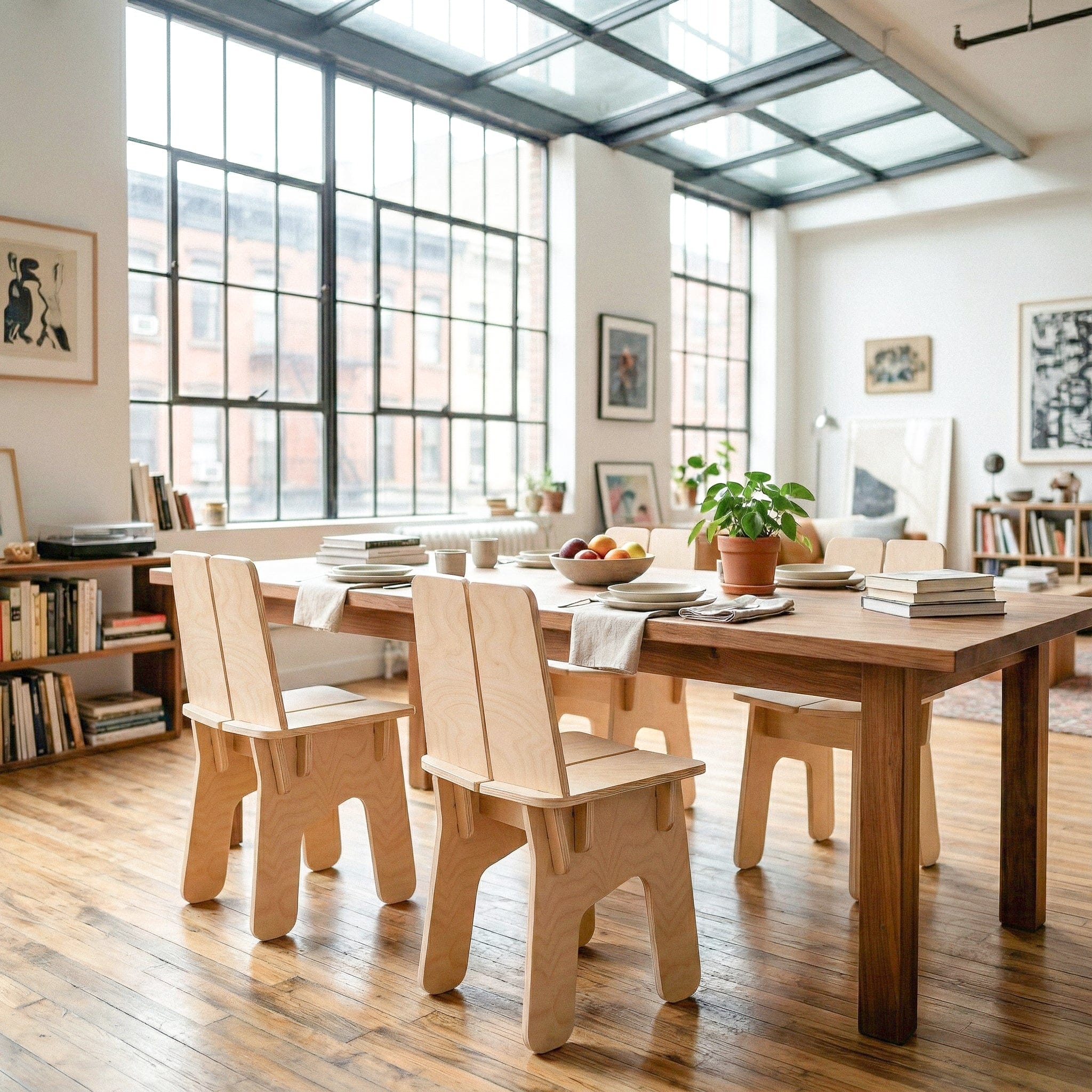 BURIJ wood dining chairs arranged around a table in a bright loft dining room with tall windows, bookshelves and plants