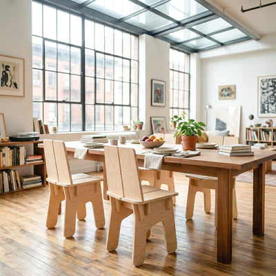 BURIJ wood dining chairs arranged around a table in a bright loft dining room with tall windows, bookshelves and plants