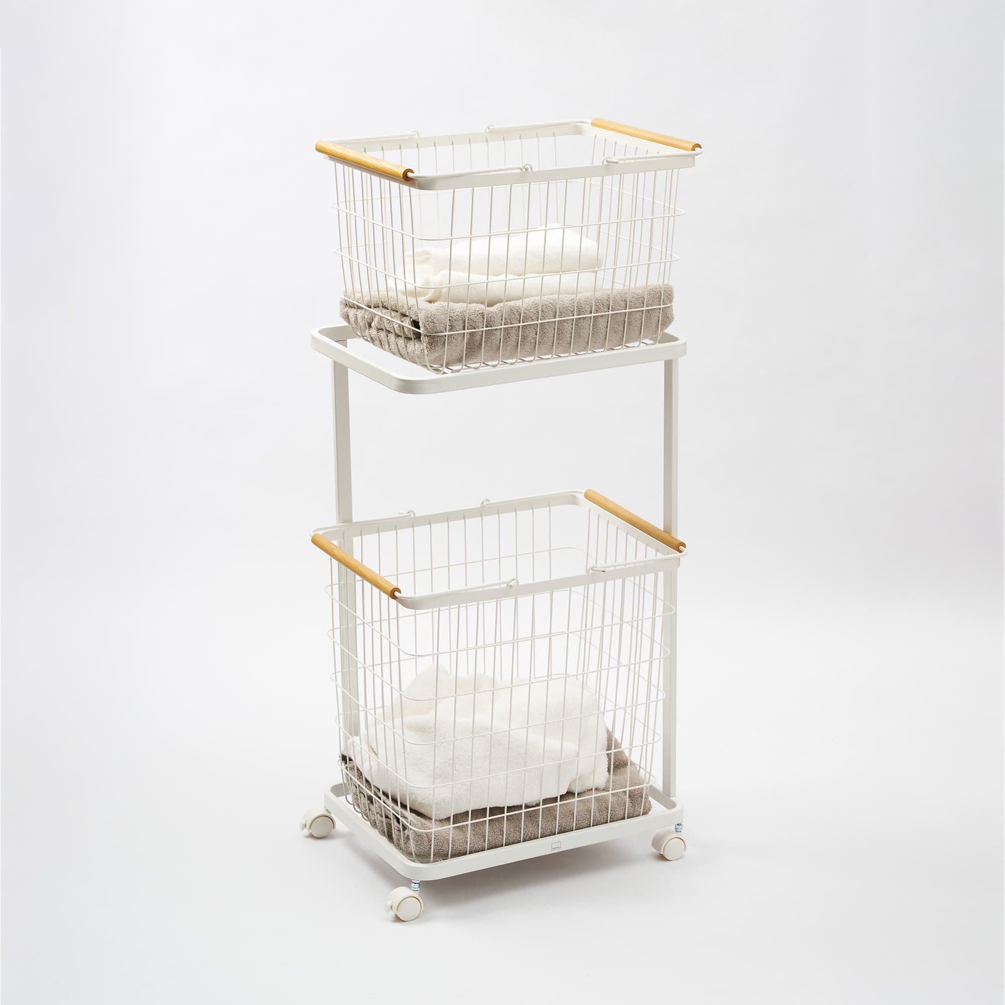 Rolling Laundry Cart + Wire Baskets (38" H)  - Steel + Wood