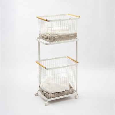 Rolling Laundry Cart + Wire Baskets (38" H)  - Steel + Wood