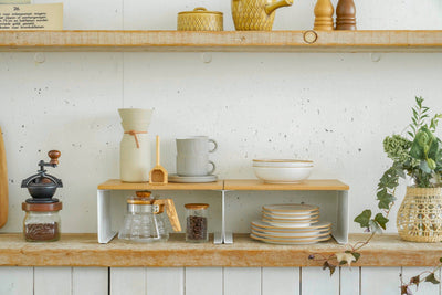 Stackable Countertop Shelf - Two Sizes - Steel + Wood shown in kitchen