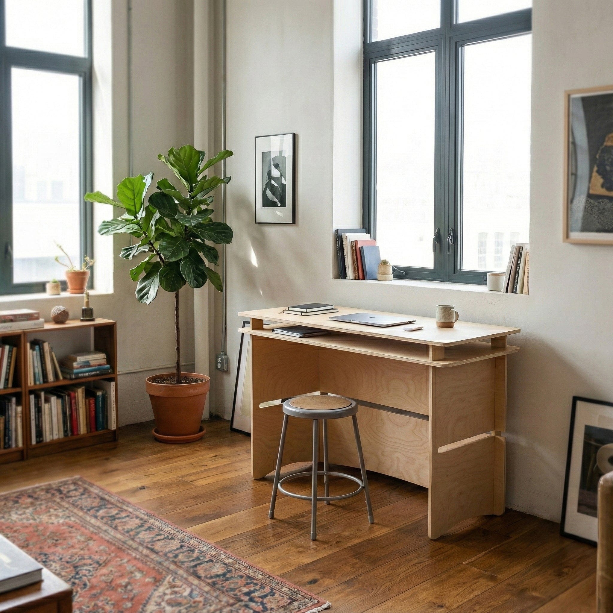Williamsburg natural wood desk paired with a metal stool in a bright home office with tall windows, books and plants