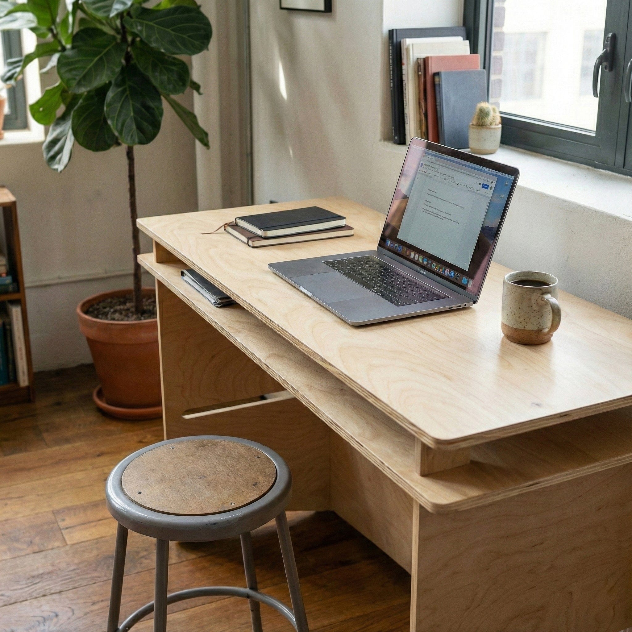 Elevated view of the Williamsburg desk with an open laptop and mug, highlighting the layered desktop and pale natural wood grain