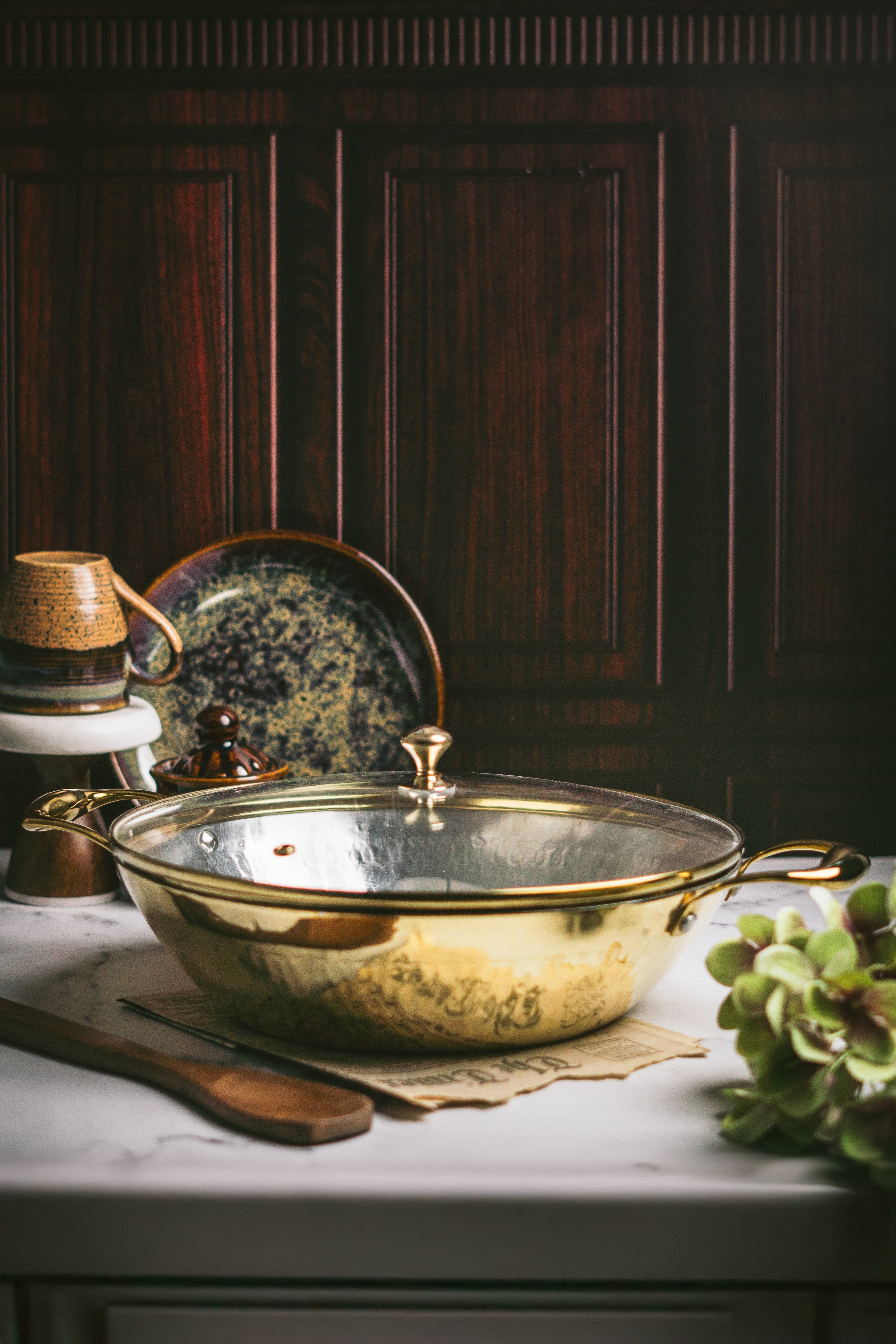 Brass Flat Base Wok with Glass lid