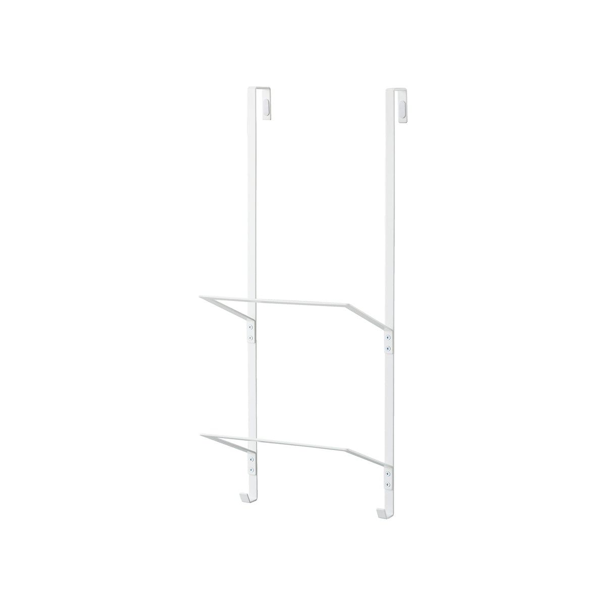 Empty white Yamazaki Home Over-the-Door Fitness Equipment Hanger - Steel isolated on white, showing two vertical rails, bent top brackets, two projecting storage levels and bottom hooks.