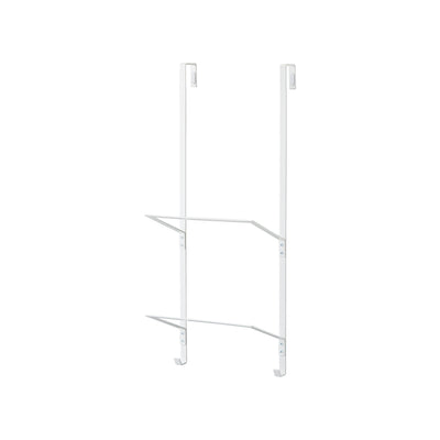 Empty white Yamazaki Home Over-the-Door Fitness Equipment Hanger - Steel isolated on white, showing two vertical rails, bent top brackets, two projecting storage levels and bottom hooks.