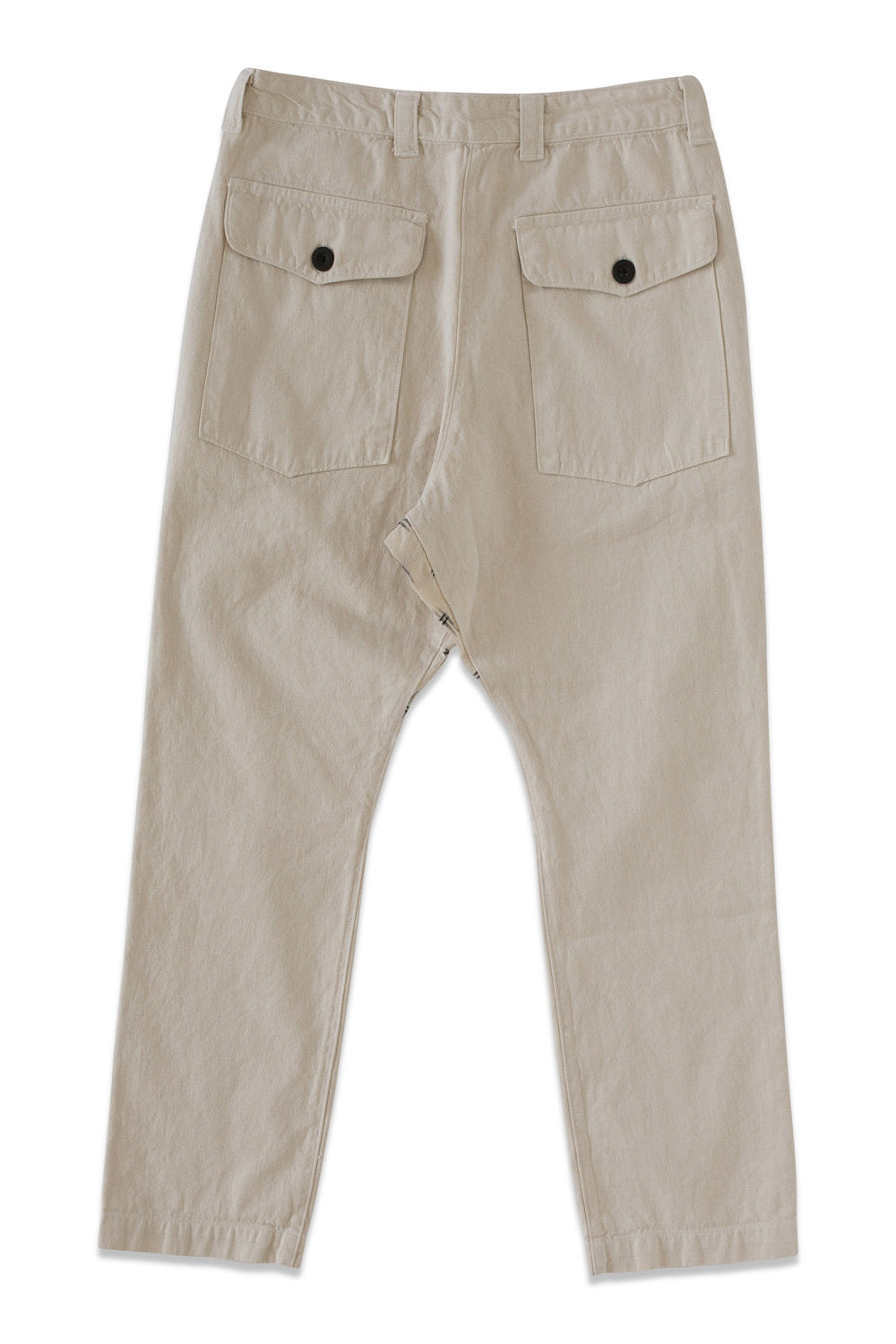 Back product view of light beige Vet Chinos with two buttoned patch pockets.