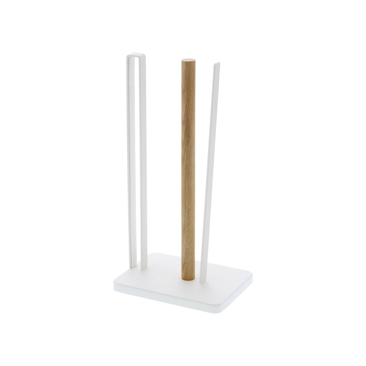 Empty Yamazaki Home Paper Towel Holder - Steel + Wood isolated on white, revealing a rectangular steel base, upright wooden spindle, tall loop-shaped side rail and slim opposing support.