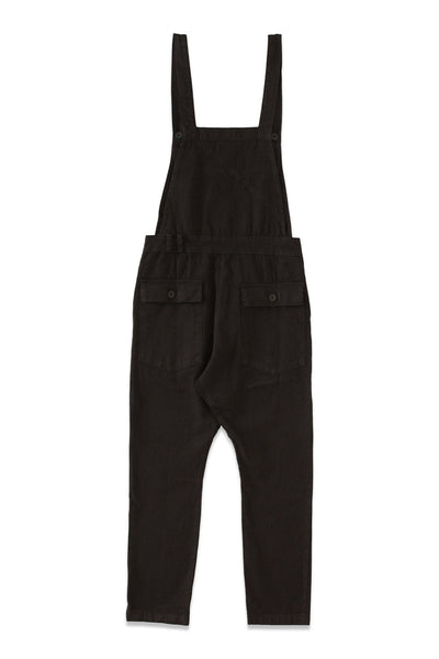 Back product view of black overalls with side buttons and rear pockets.