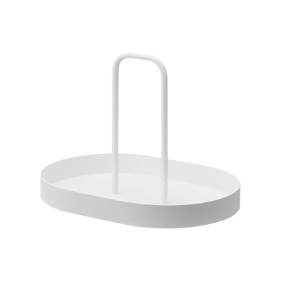 Empty white Yamazaki Home Vanity Tray with Handle - Steel isolated on white, showing its shallow oval platform and tall loop handle attached at two points near the centre.