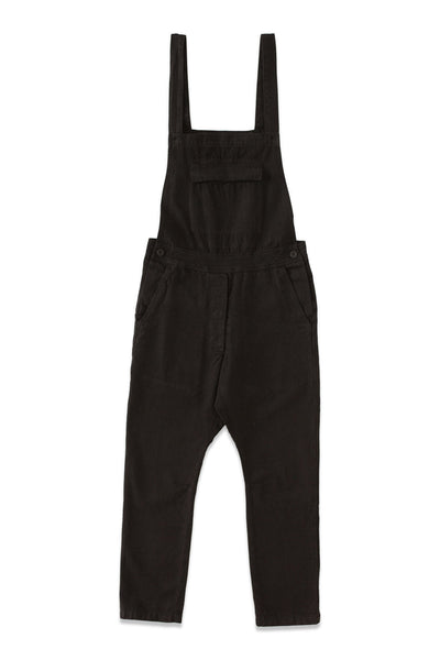 Front product view of black overalls with adjustable straps, a bib pocket, and tapered legs.