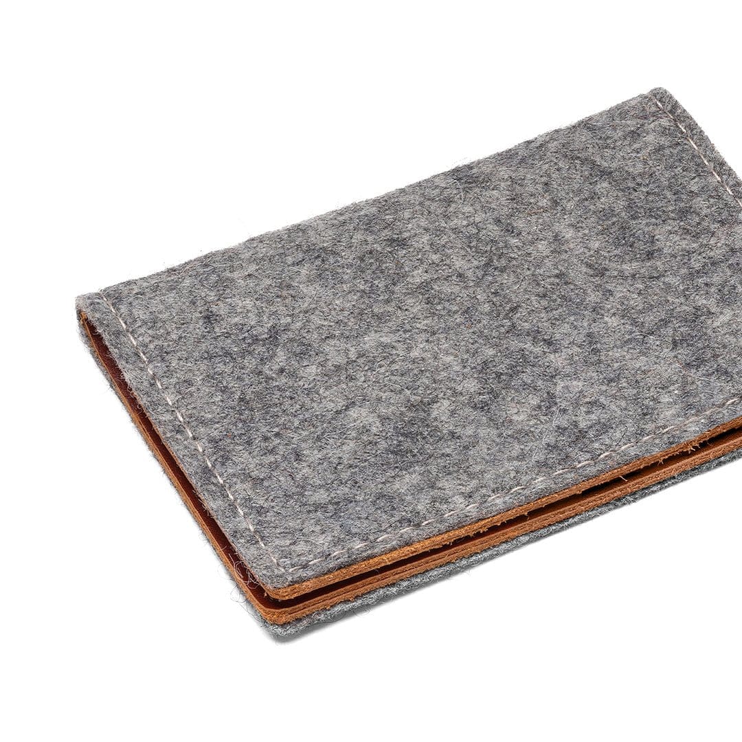 Kyrgies Felt and Leather Bifold Wallet, grey wool felt, angled closed view