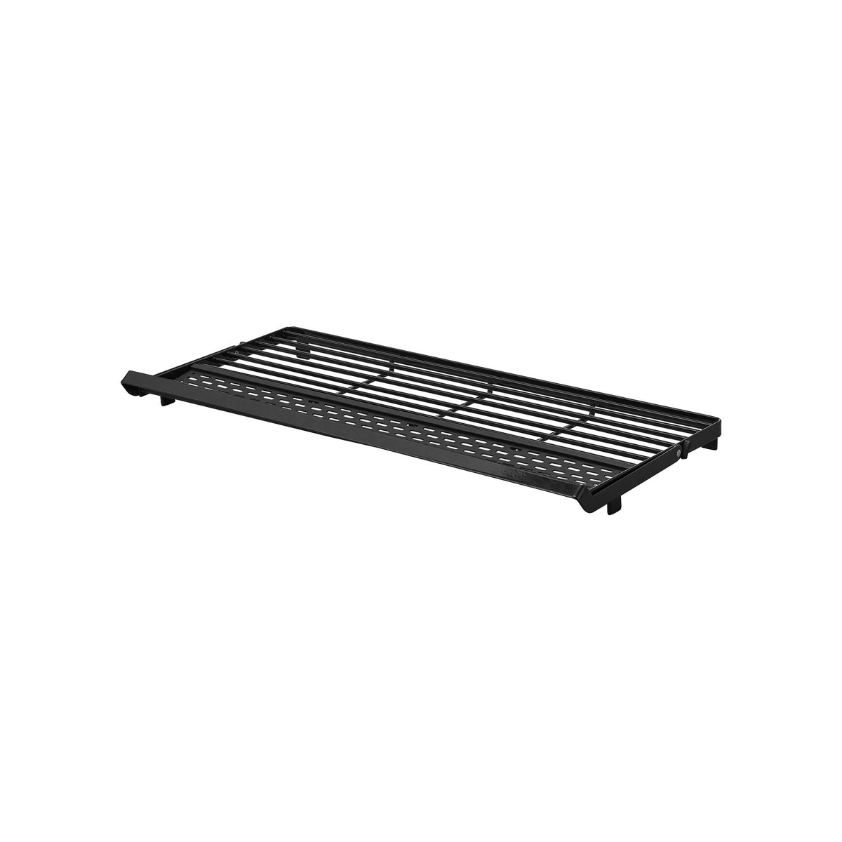 Black Yamazaki Home Slim Over-the-Sink Dish Drying Rack - Steel shown empty with the rail folded down, displaying its slim rectangular shape and parallel steel bars.