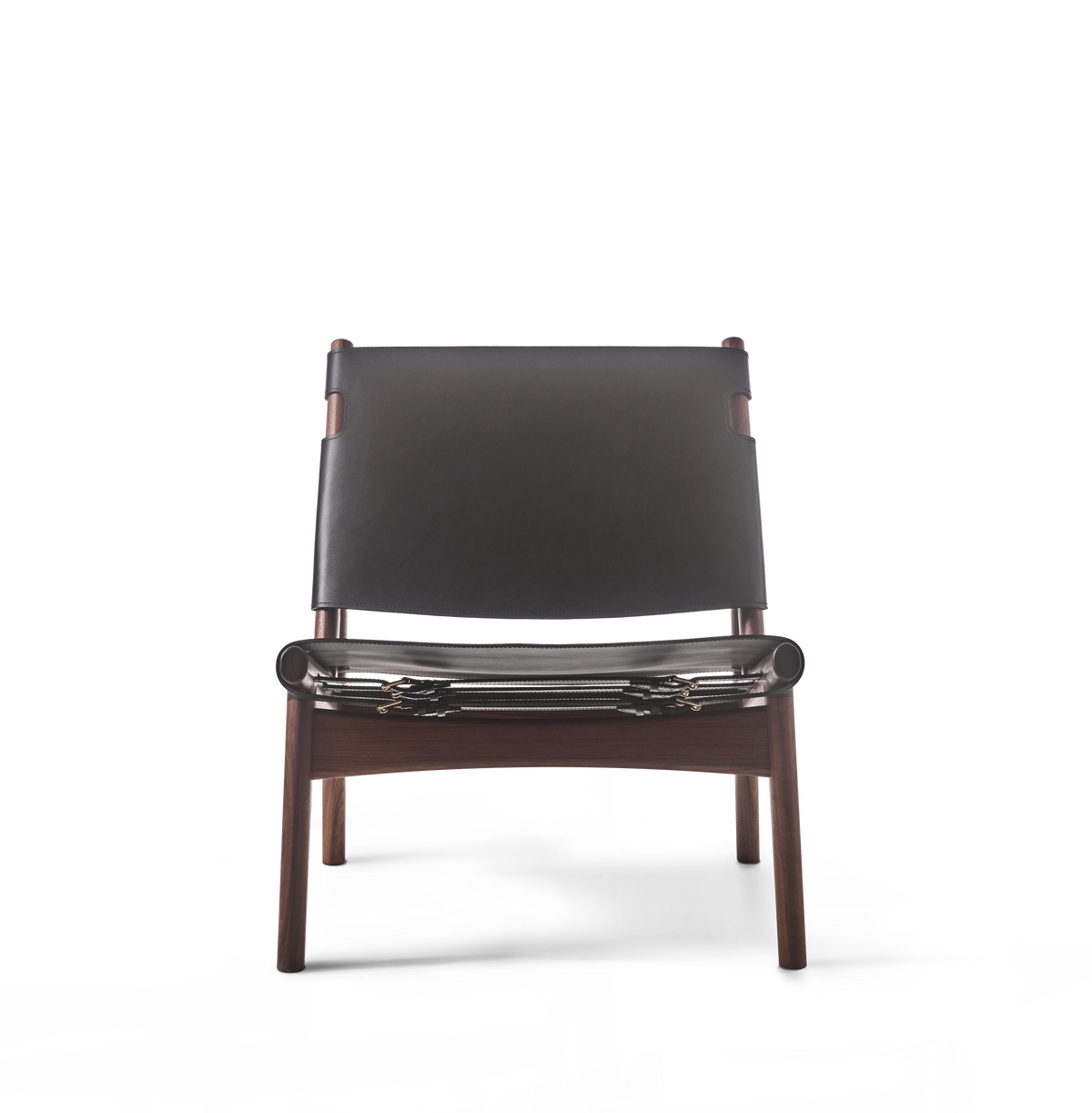 Front view of the Eikund Hunter Lounge Chair with dark brown leather and a brown wood frame, showing the gap between the backrest and seat and metal tension fittings along the seat edge.