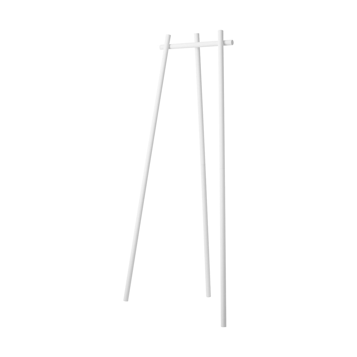 Empty white Yamazaki Home Tri-Post Coat Rack (60" H) - Steel isolated on white, showing its narrow three-post construction, angled legs and horizontal hanging rail.