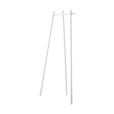 Empty white Yamazaki Home Tri-Post Coat Rack (60" H) - Steel isolated on white, showing its narrow three-post construction, angled legs and horizontal hanging rail.