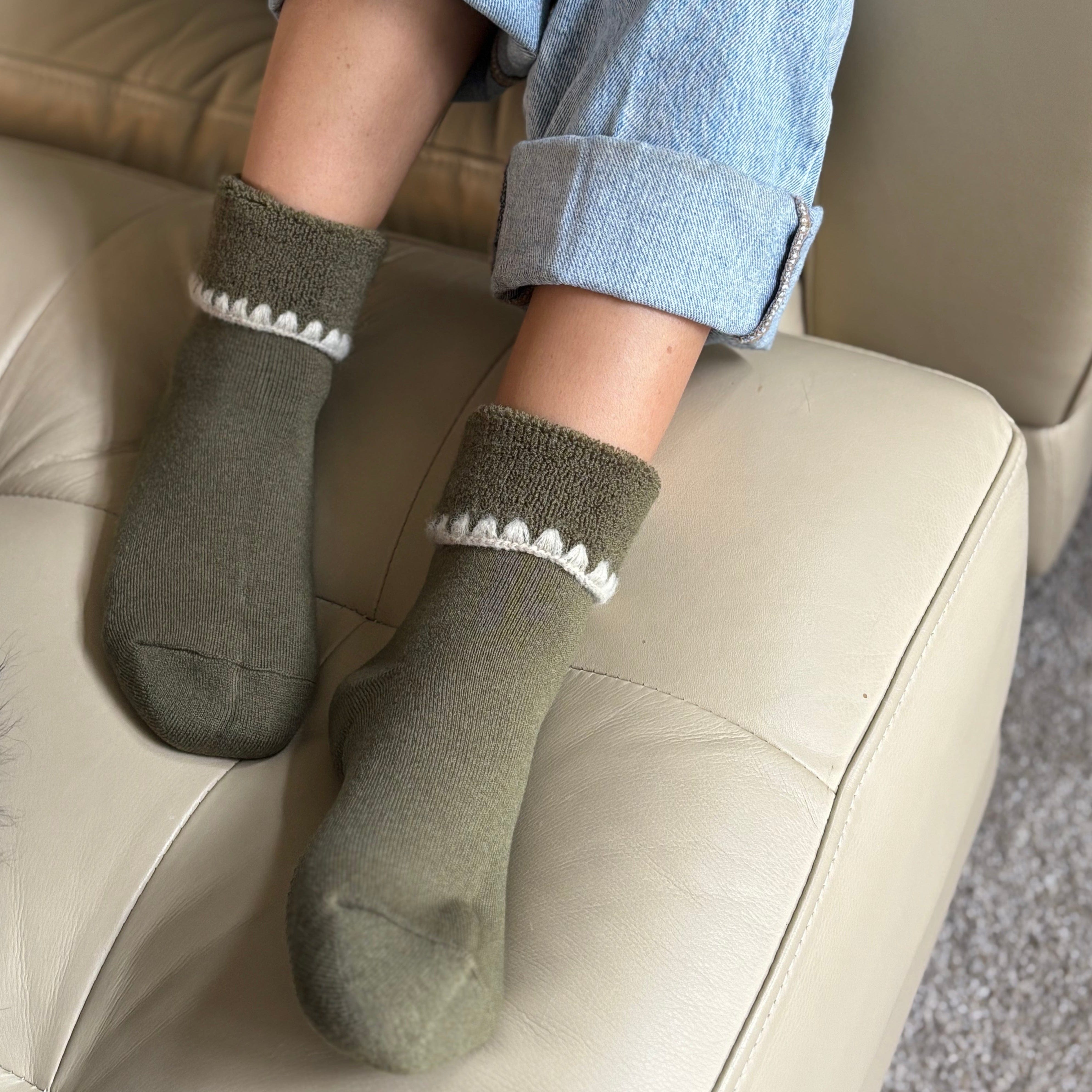 Handcrafted Wool Slipper Crew Socks | Modern Earth Color | Grips | M