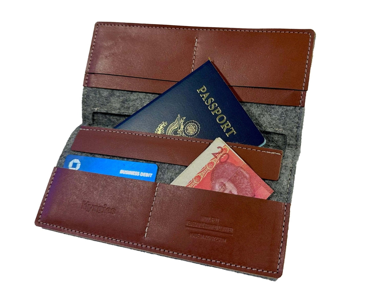 Kyrgies Travel Wallet, grey wool felt with brown leather, open view with passport and cards