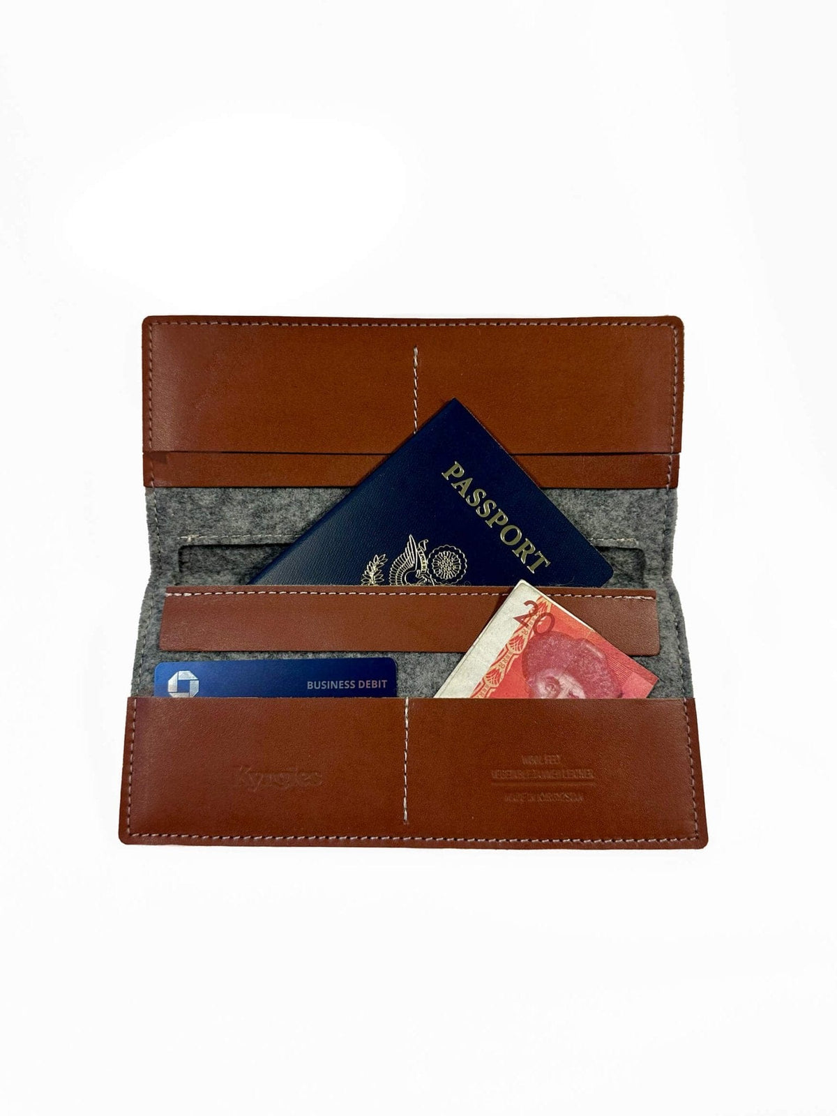 Kyrgies Travel Wallet, grey wool felt with brown leather, open view with passport