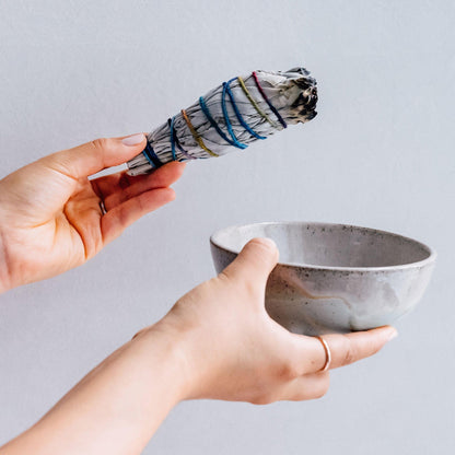 Organic White Sage Smudge Stick - Large in hand with bowl