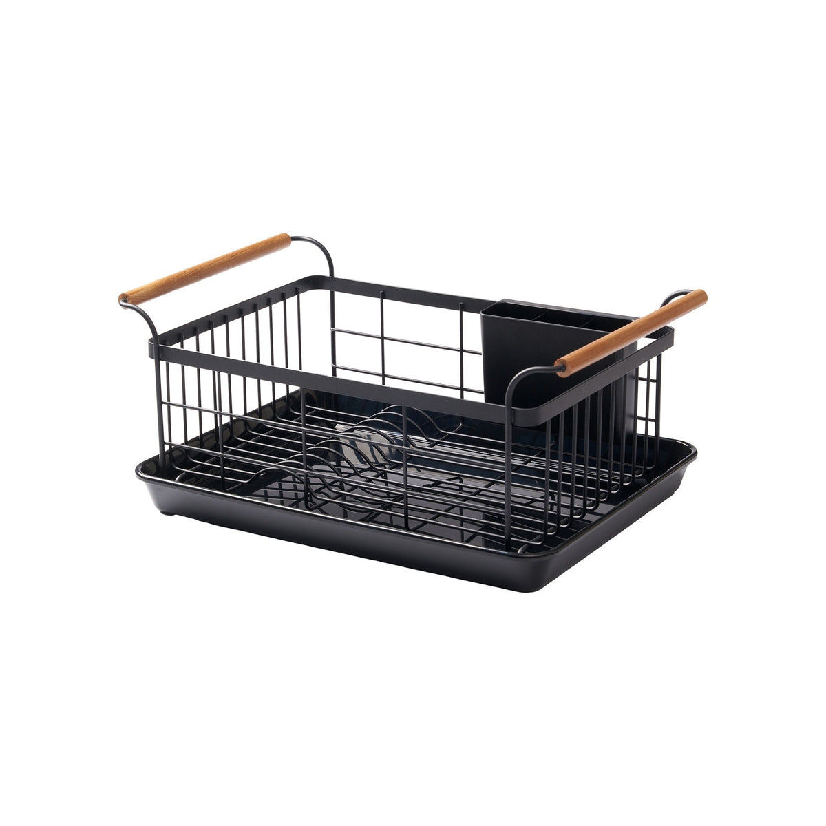 Empty black Yamazaki Home Dish Rack - Steel + Wood isolated on white, showing its open wire basket, curved plate slots, divided utensil caddy, two wooden handles and rectangular drip tray.