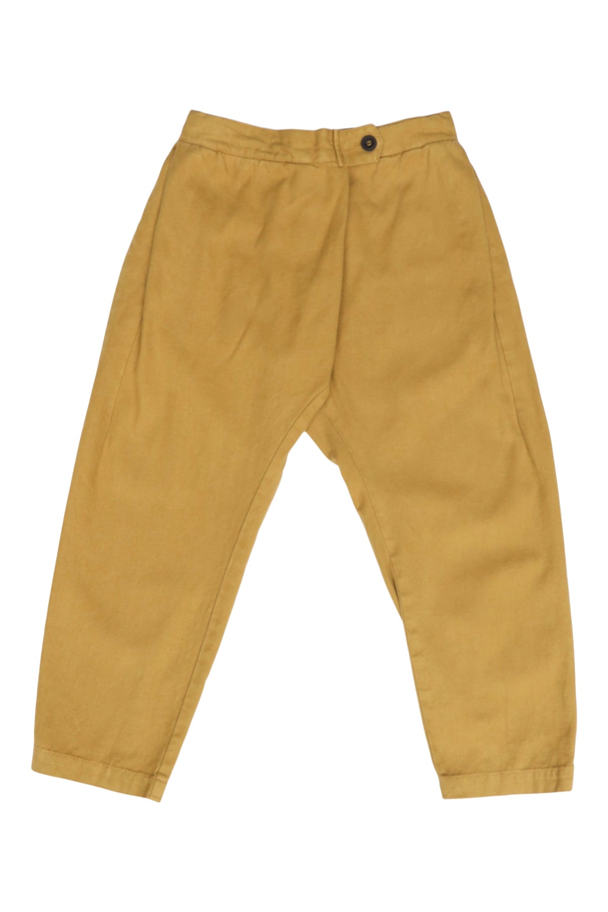 Front product view of mustard-yellow Canvas Souk pants with a buttoned waistband.