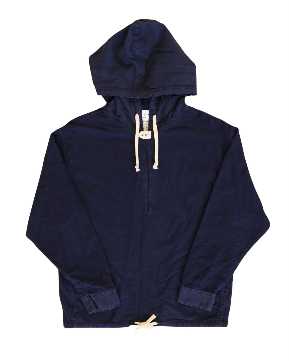 Front product view of the deep navy Anorak with a partial zipper and white drawcords.