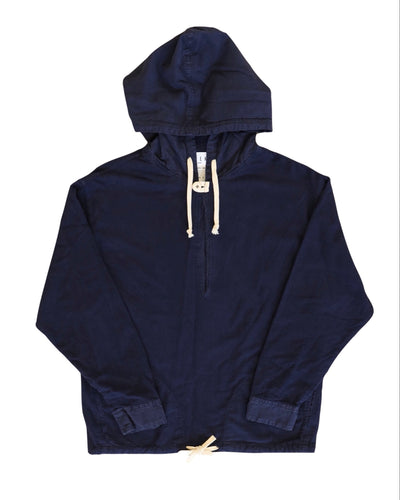 Front product view of the deep navy Anorak with a partial zipper and white drawcords.