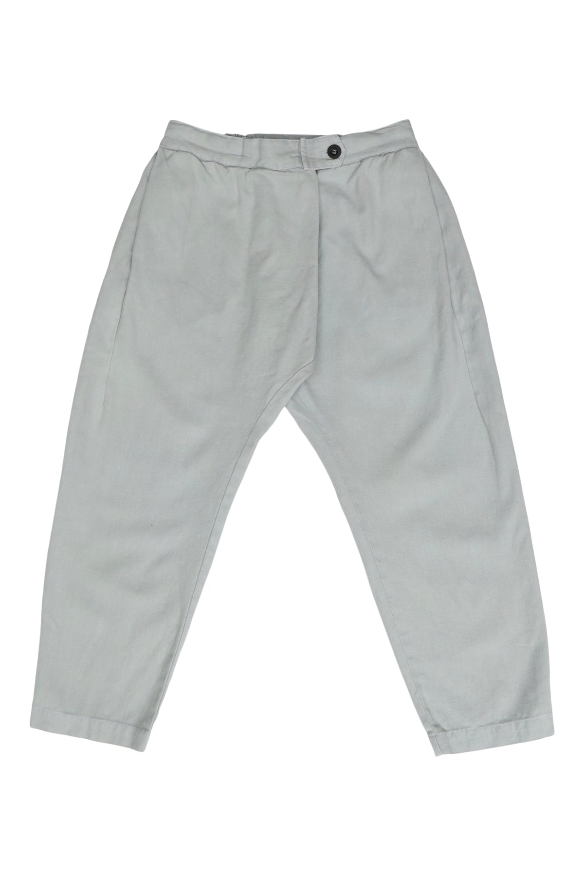 Front product view of pale gray Canvas Souk pants with a buttoned waistband.