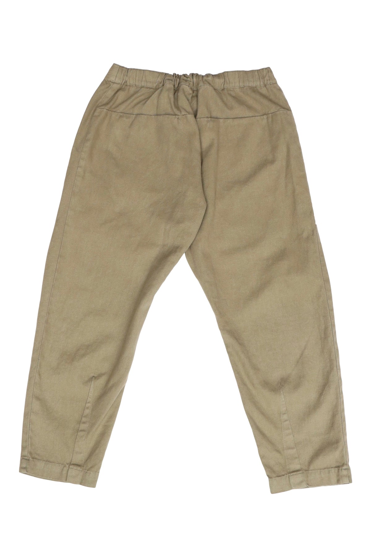 Back product view of khaki Canvas Souk pants with an elastic waistband.