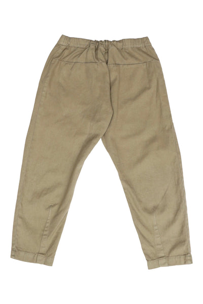 Back product view of khaki Canvas Souk pants with an elastic waistband.