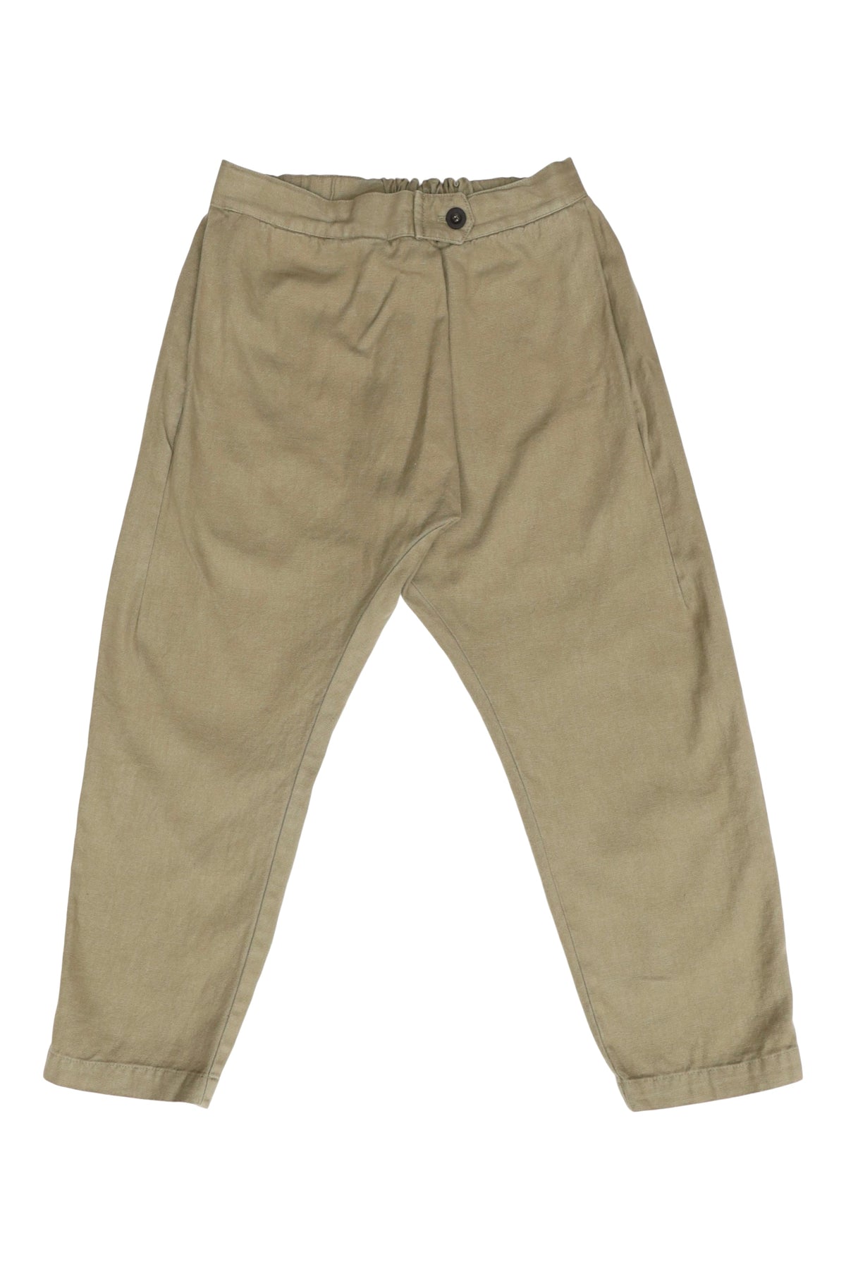 Front product view of khaki Canvas Souk pants with a buttoned waistband.