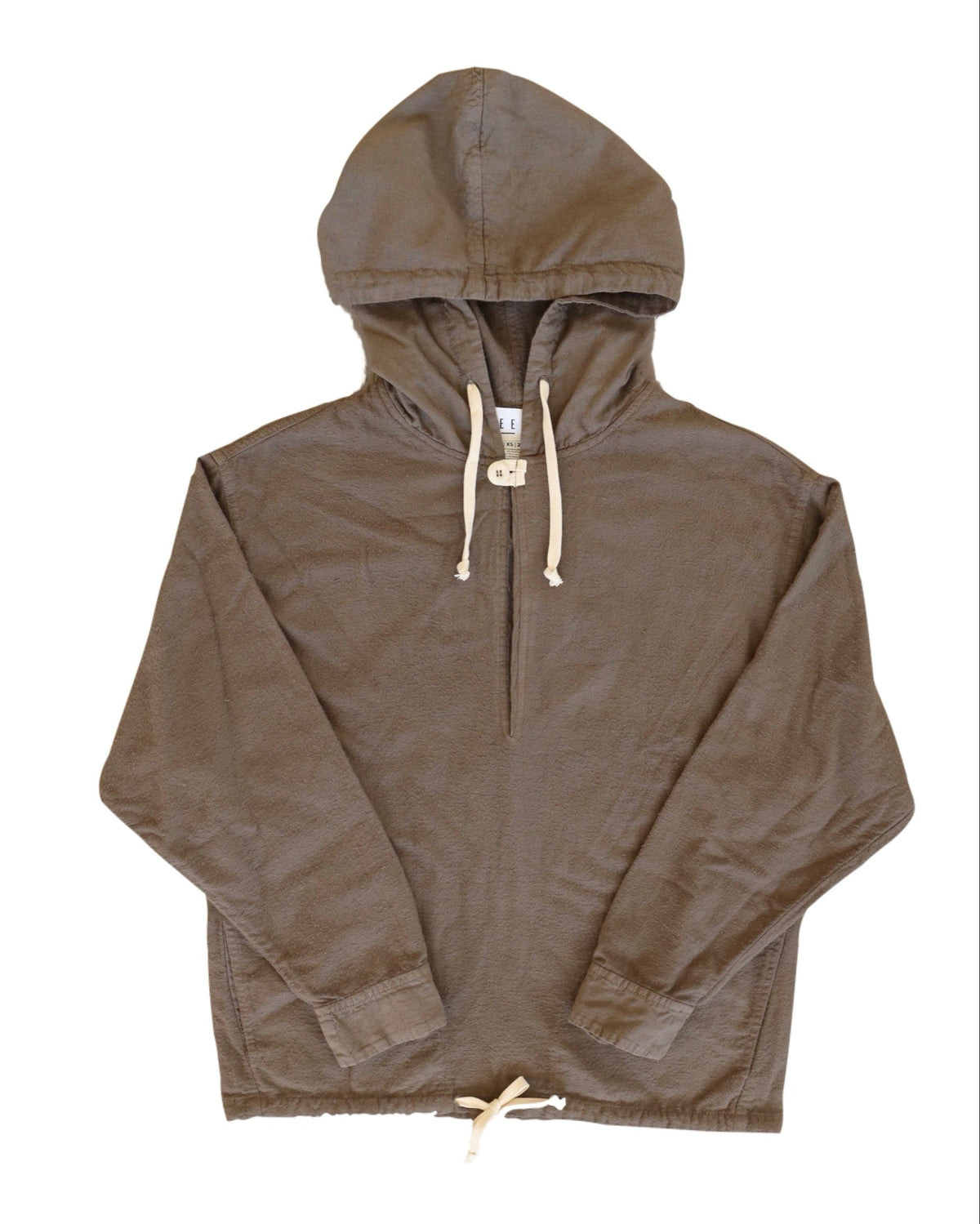 Front product view of the brown-gray Anorak with a partial zipper and white drawcords.