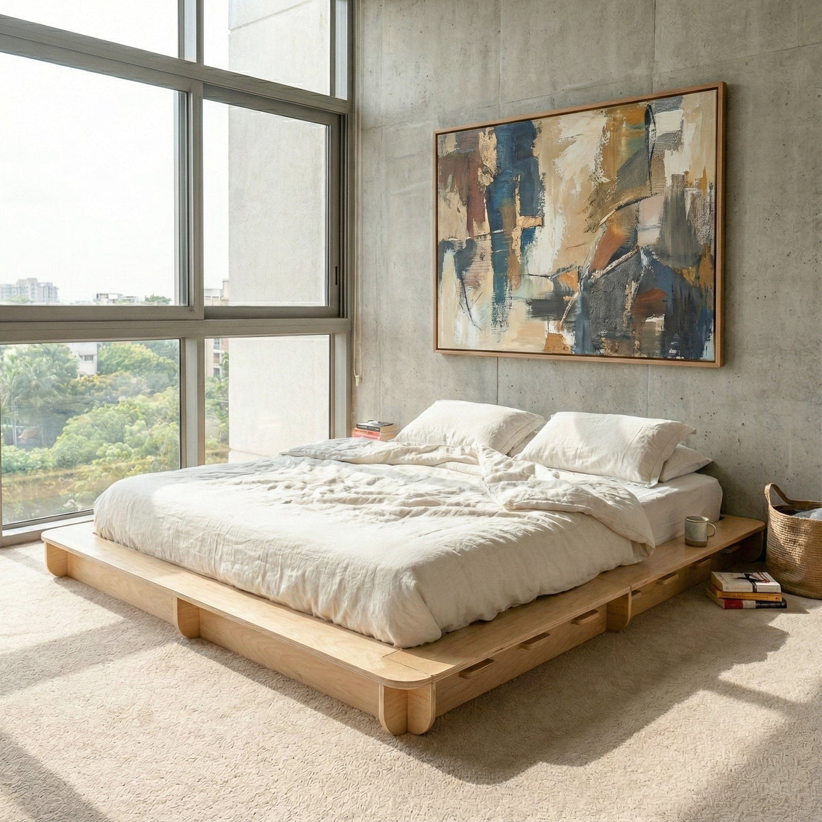 Studio Furnis wood bed platform with rumpled white bedding beside a large window and abstract artwork in a modern concrete bedroom