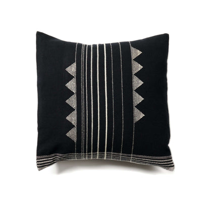 Front product view of the Kora Black pillow cover with centered pinstripes, triangular borders and a striped base