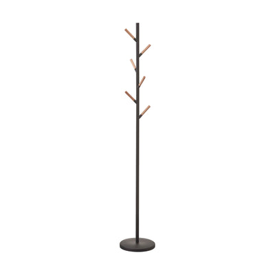 Empty black Yamazaki Home Coat Rack (70" H) - Steel isolated on white, with staggered brown wood-tipped branches, a slim vertical pole and round base.