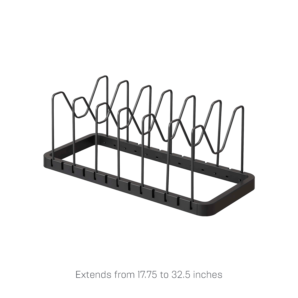 Empty black Yamazaki Home Adjustable Pot Lid Organizer - Steel in a compact configuration on white, showing its rectangular base, rounded corners and closely arranged wire dividers.
