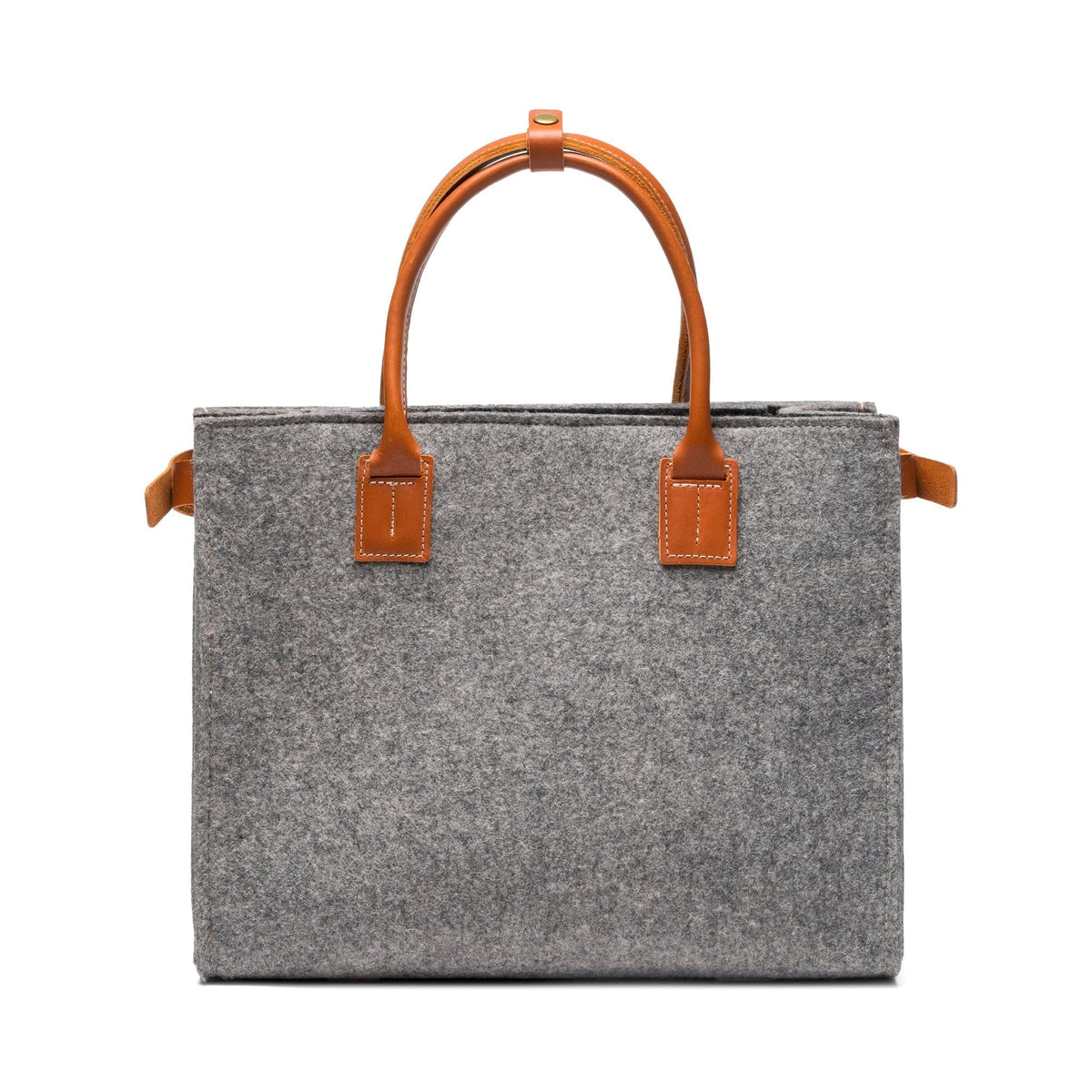 Kyrgies Handmade Wool Handbag, charcoal wool felt, close-up interior view showing leather handle attachment