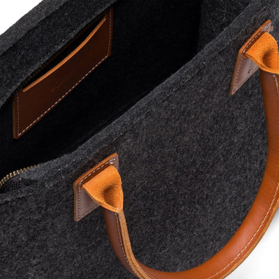 Kyrgies Handmade Wool Handbag, charcoal wool felt, front view with leather handles