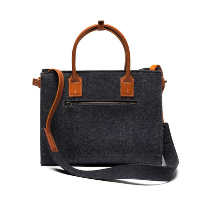 Kyrgies Handmade Wool Handbag, grey wool felt, front view with leather handles