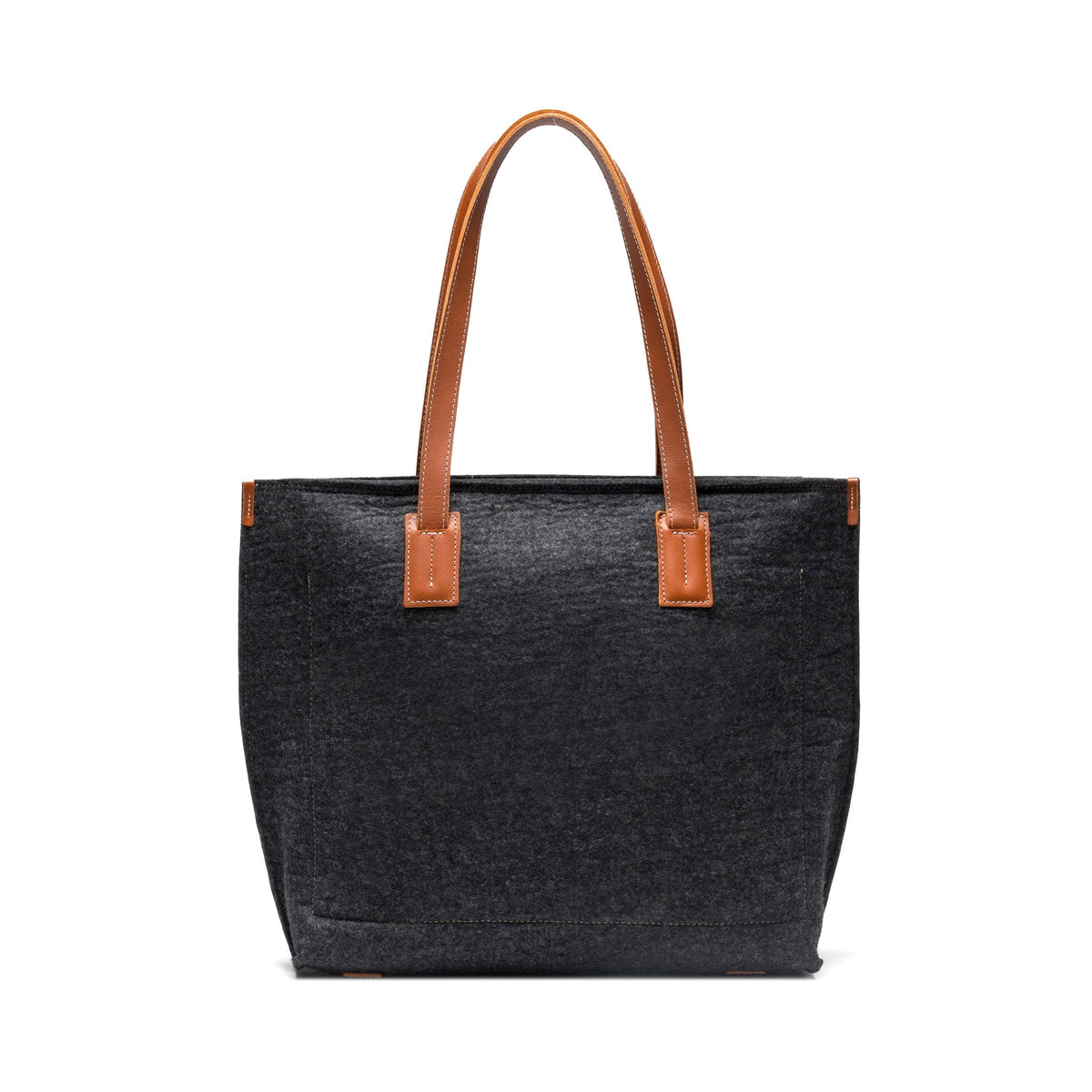 Kyrgies Handmade Wool Tote, charcoal wool felt, side view with leather handles