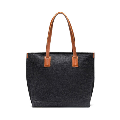 Kyrgies Handmade Wool Tote, charcoal wool felt, side view with leather handles