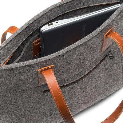 Kyrgies Handmade Wool Tote, grey wool felt, interior view showing laptop pocket