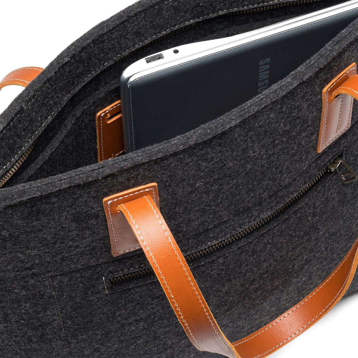 Kyrgies Handmade Wool Tote, charcoal wool felt, interior view showing laptop pocket