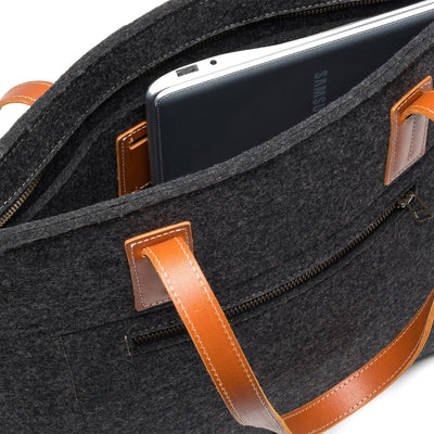 Kyrgies Handmade Wool Tote, charcoal wool felt, interior view showing laptop pocket