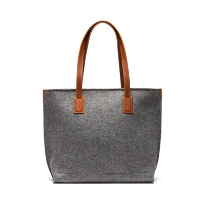Kyrgies Handmade Wool Tote, grey wool felt, side view with leather handles
