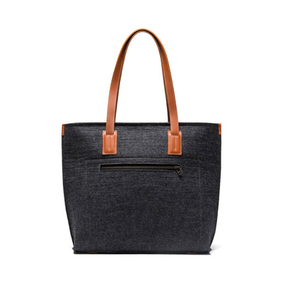 Kyrgies Handmade Wool Tote, charcoal wool felt, side view with leather handles