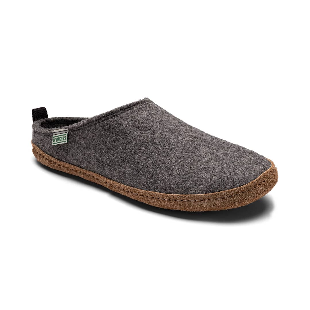 Kyrgies Indoor Wool Slides, heather grey wool felt, pair viewed from the side