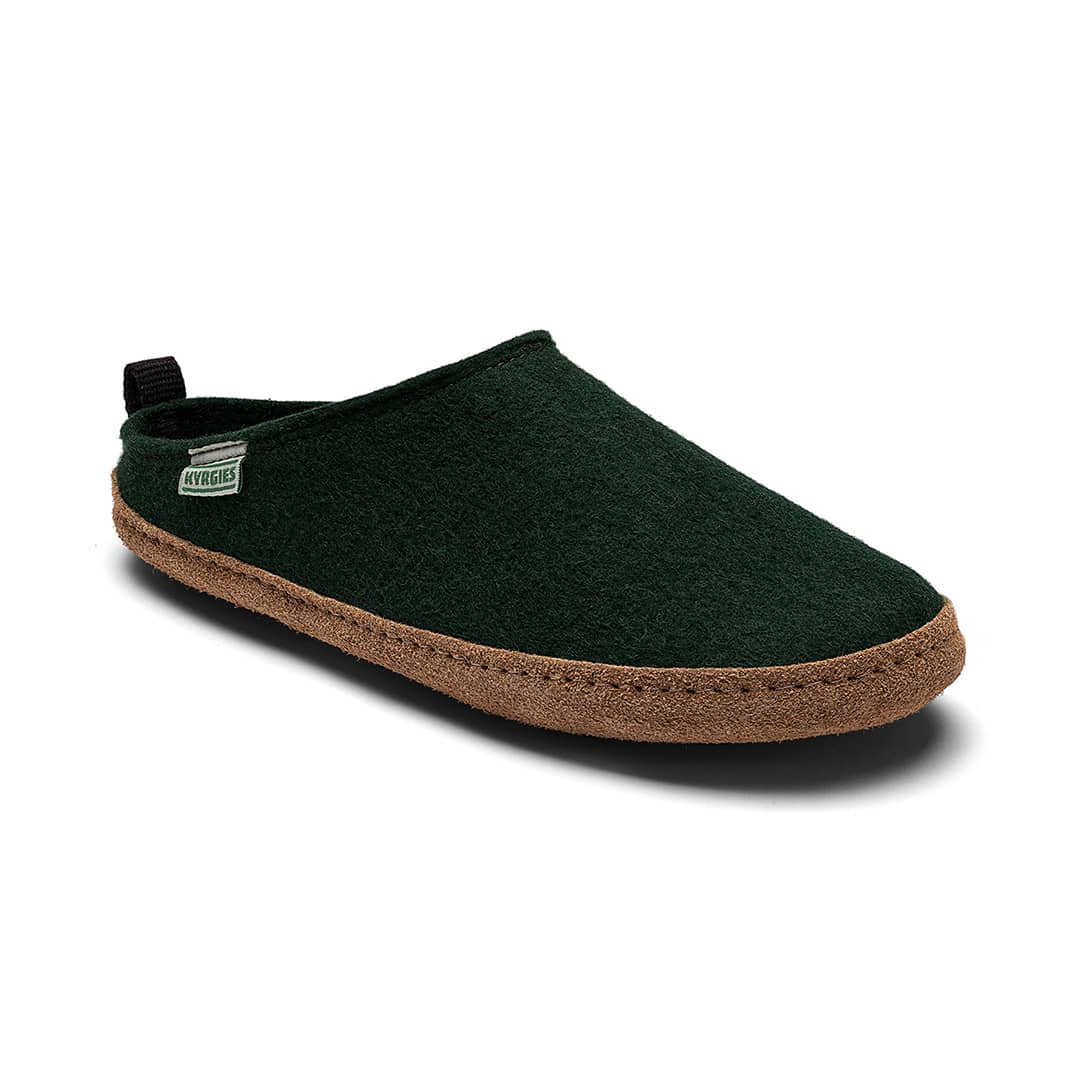 Kyrgies Indoor Wool Slides, pine green wool felt, angled front view showing leather sole