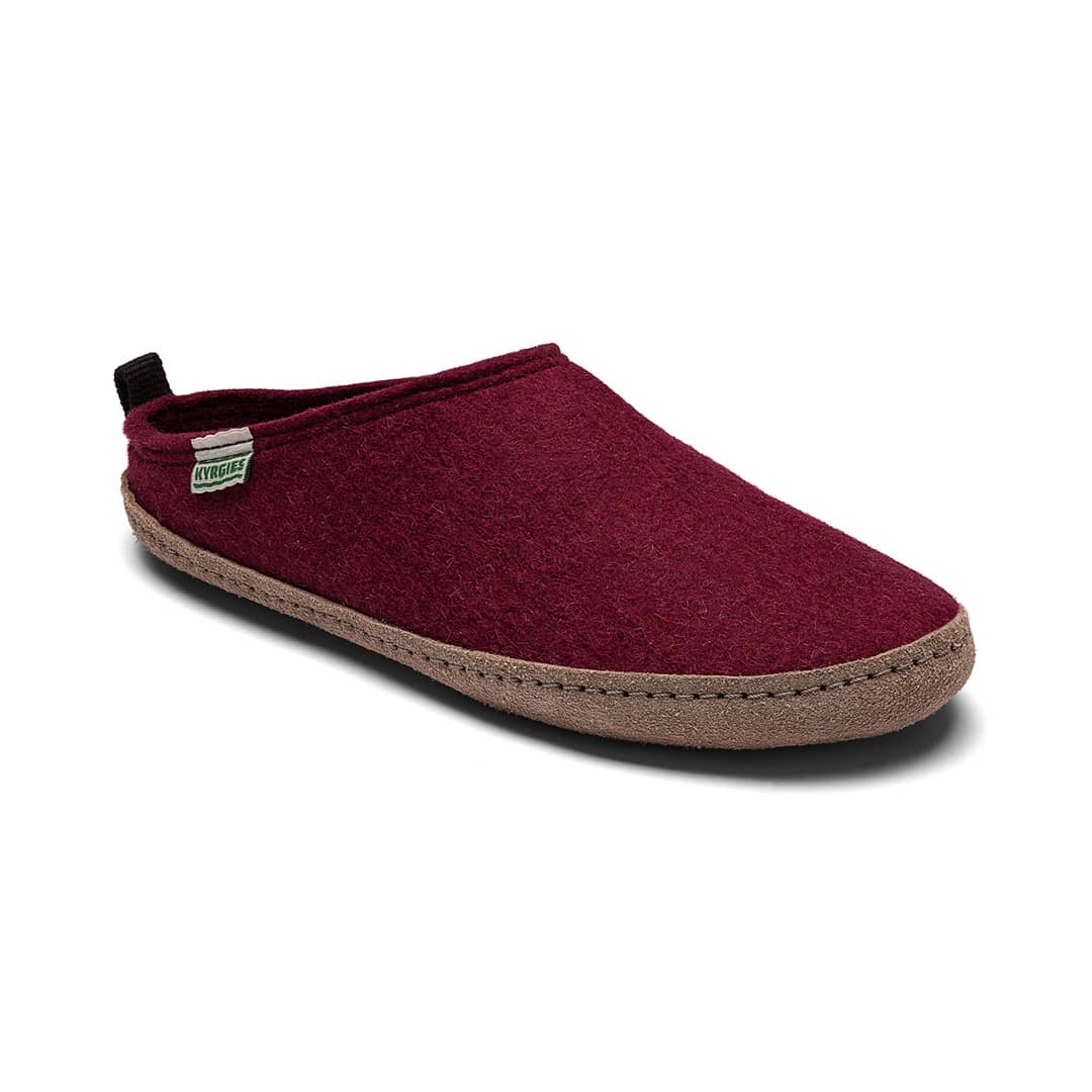 Kyrgies Indoor Wool Slides, burgundy wool felt, viewed from the side